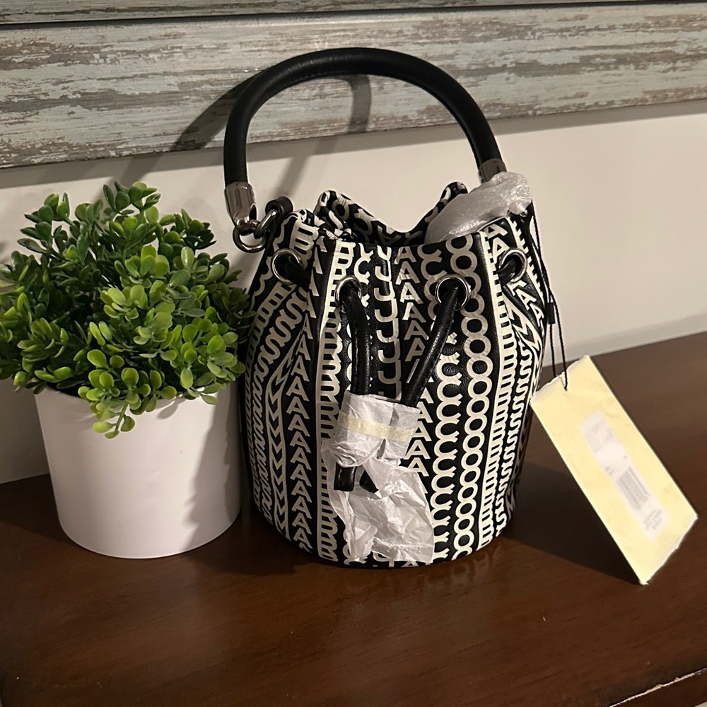 Marc Jacobs Black and White Logo Mini Bucket Bag